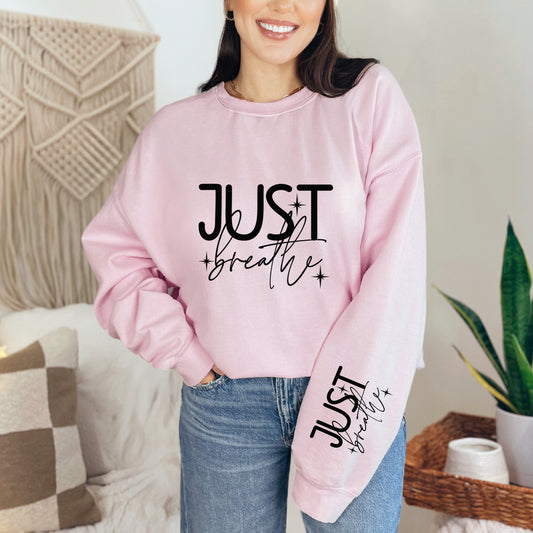 Just Breathe, Inspirational Quote Print Pullover Sweatshirt | Casual Long Sleeve| Crew Neck Sweatshirt For Fall & Winter | Women's Clothing Heavy Blend™ Crewneck Sweatshirt